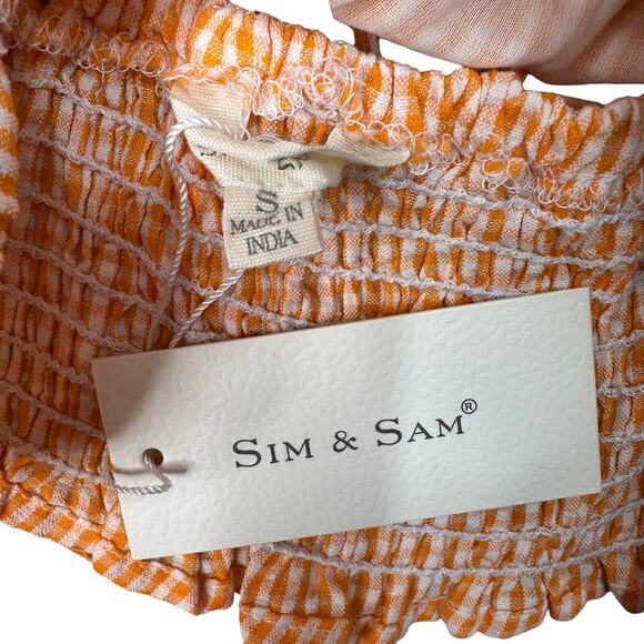 Sim & Sam Puff Sleeve Smocked Crop Top WMN S Orange Gingham Lace-Up Back 51226BL - Picture 5 of 6
